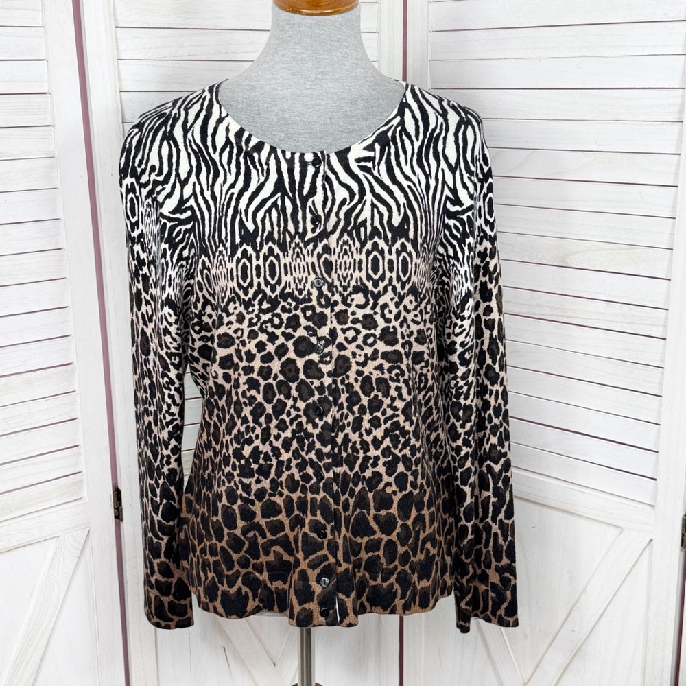 Charter Club Multi Animal Print Button Up Cardigan Sweater Tan Black Medium